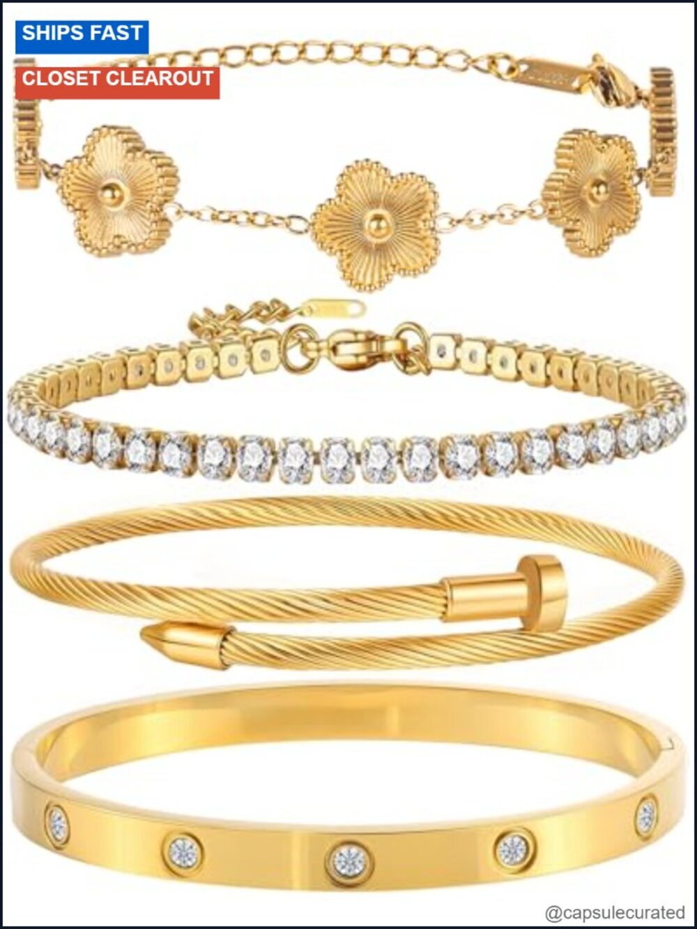 18K Gold Plated Bangle Bracelet Set Women Stackable Floral Tennis Adjustable
